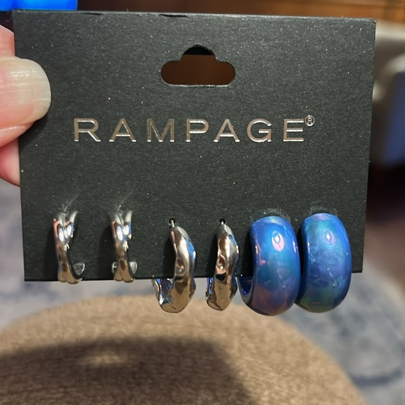 NWT, 3 pair earring set Rampage, silver hoops, blue iridescent hoops - Picture 1 of 3
